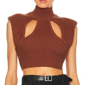 REVOLVE Zahara Knit Crop with Shoulder Pads in Chocolate